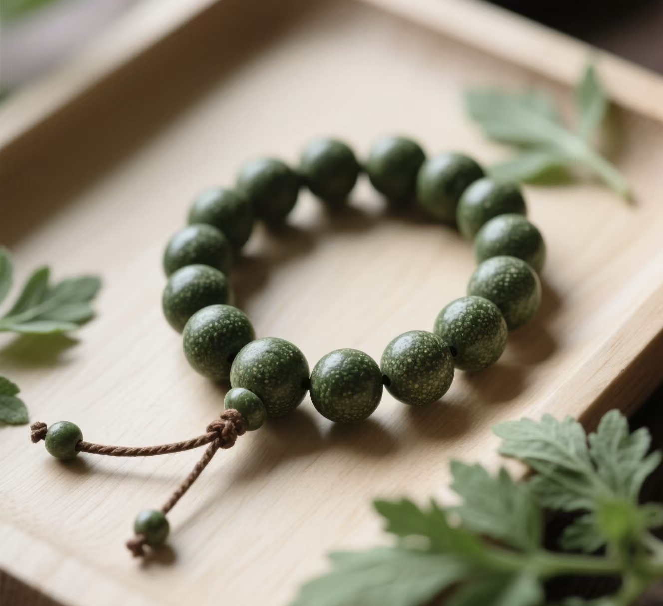 Green mugwort bead bracelet displayed with fresh mugwort leaves