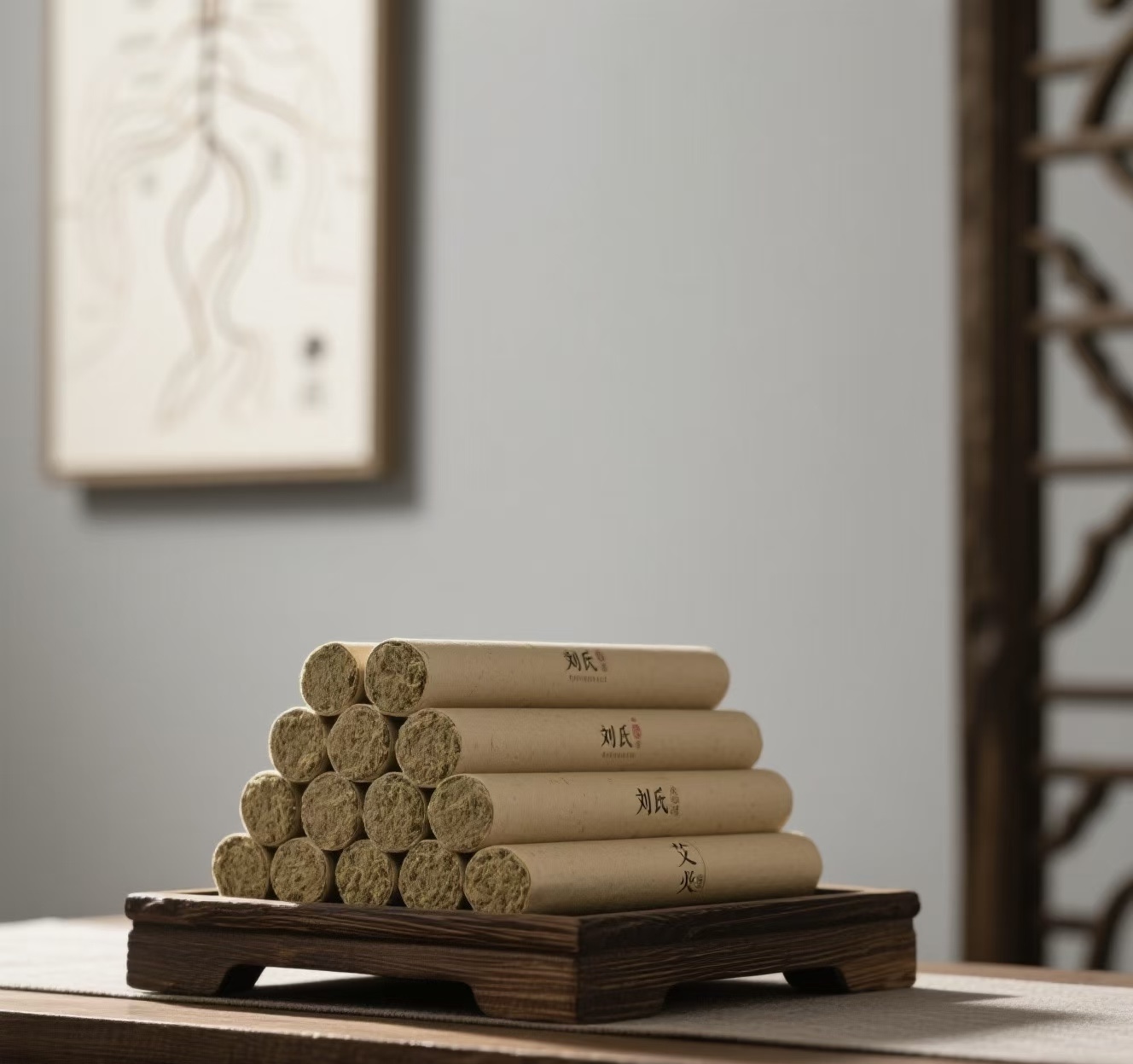 Traditional moxa rolls arranged on a dark wooden display stand